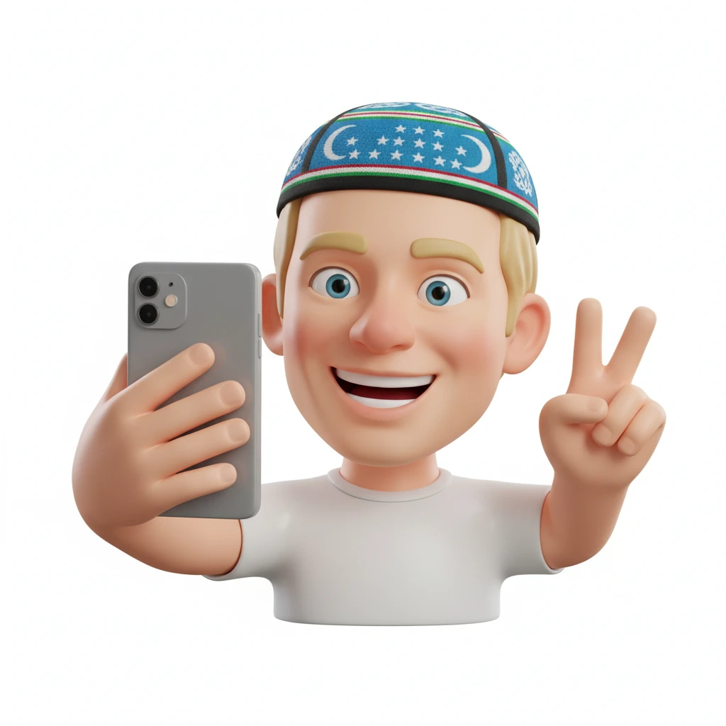 нарисуй эмоджи мужчины блондина  фотографирующего себя на телефон, эмоджи сделай более реалистичной, на голове должна быть узбекская тюбетейка в цветах узбекского флага, обрати внимание на глаза и количество пальцев у человека, без фона emoji