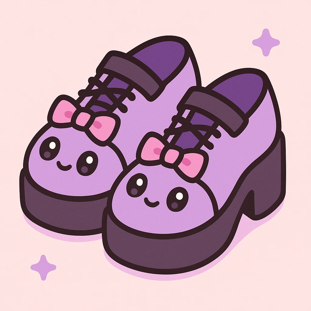 Make the BLACKPINK-inspired gothic shoes primarily purple with black and pink accents, cute and stylish, kawaii style, no socks, no hearts. emoji