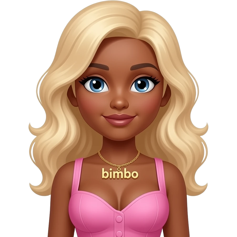 bimbo text  necklace , Dark brown eyebrows,Bo peep girl, Dark brown skin, Doll shaped face, doll eyes, pink, wavy with side part longer blonde hair, big breast no bra emoji