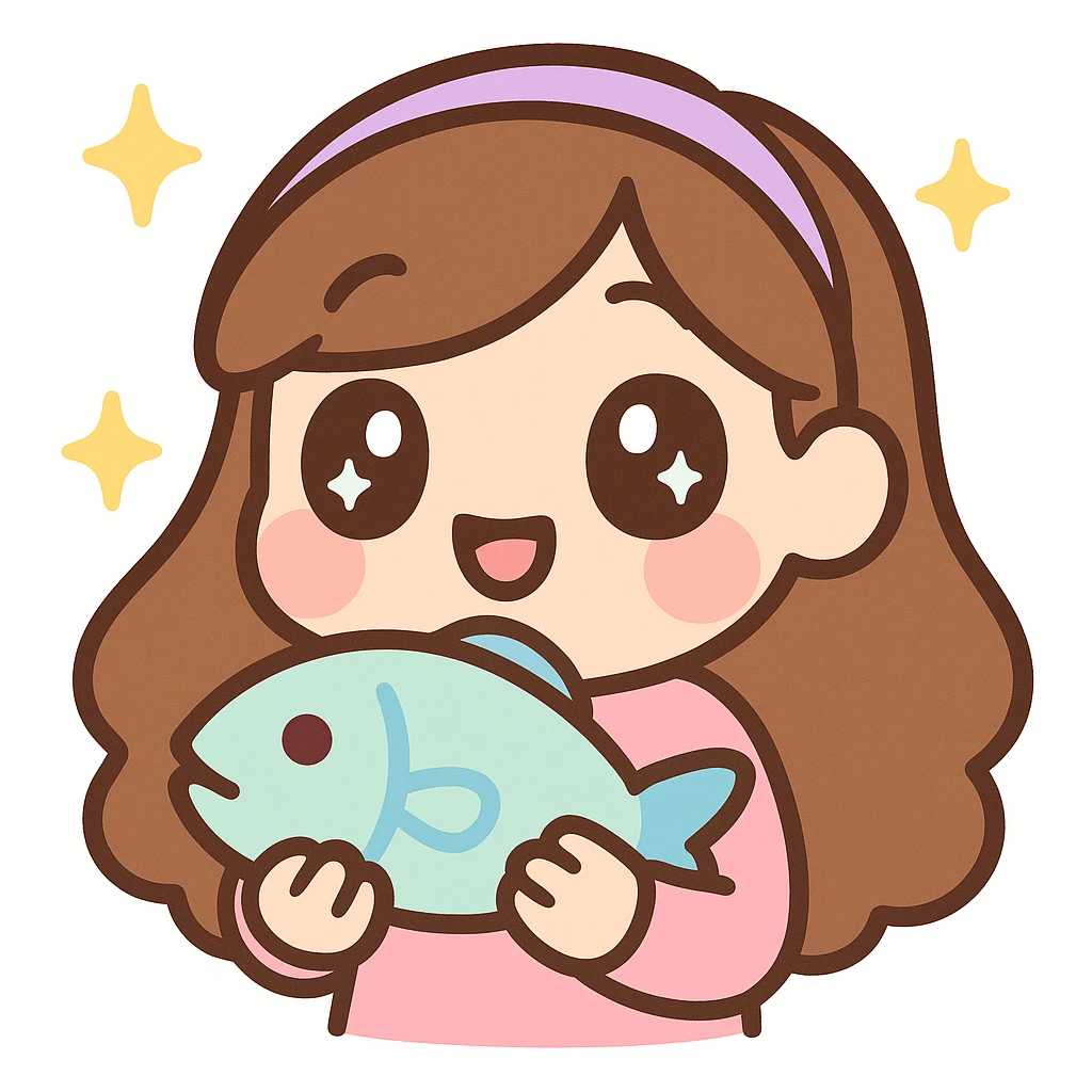 twitch emote of a cute cartoon girl with long brown hair holding a fish, digital art, soft shading, big eyes, playful expression emoji
