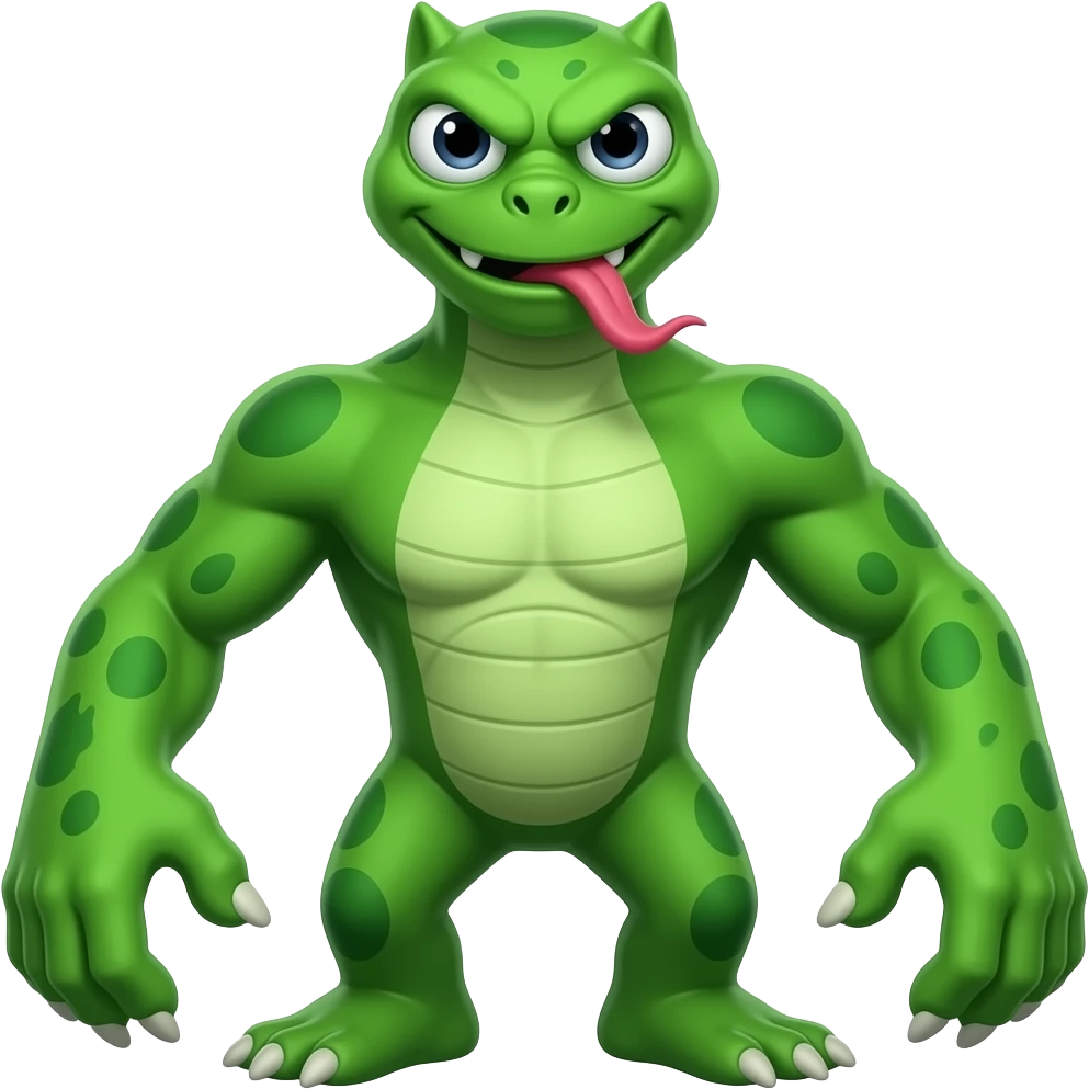 A green monster with a tall body and has long arms has a snake tounge with short legs and he is blind emoji