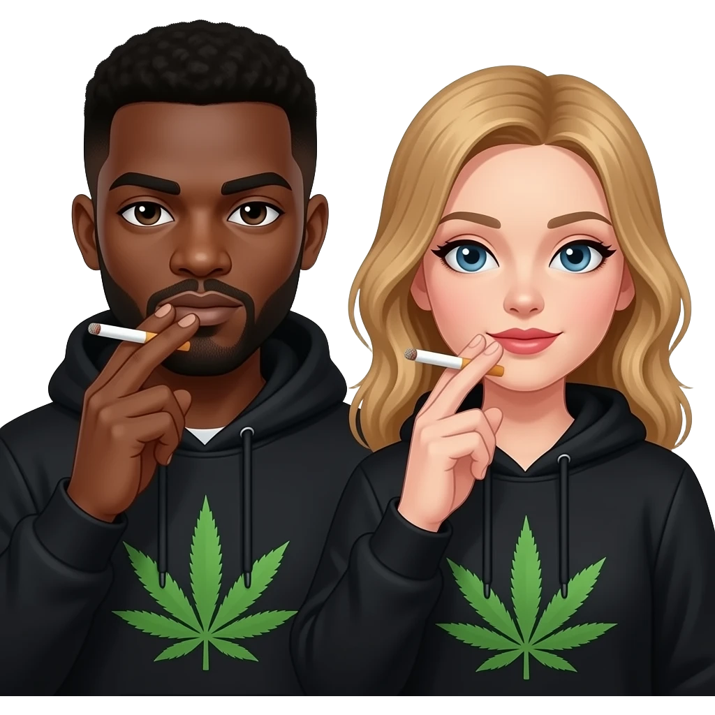 African Gothic man and caucasion woman, both smoking a weed cigarette, wearing black hoodiess with a Marijuana leaf on each hoodie. emoji