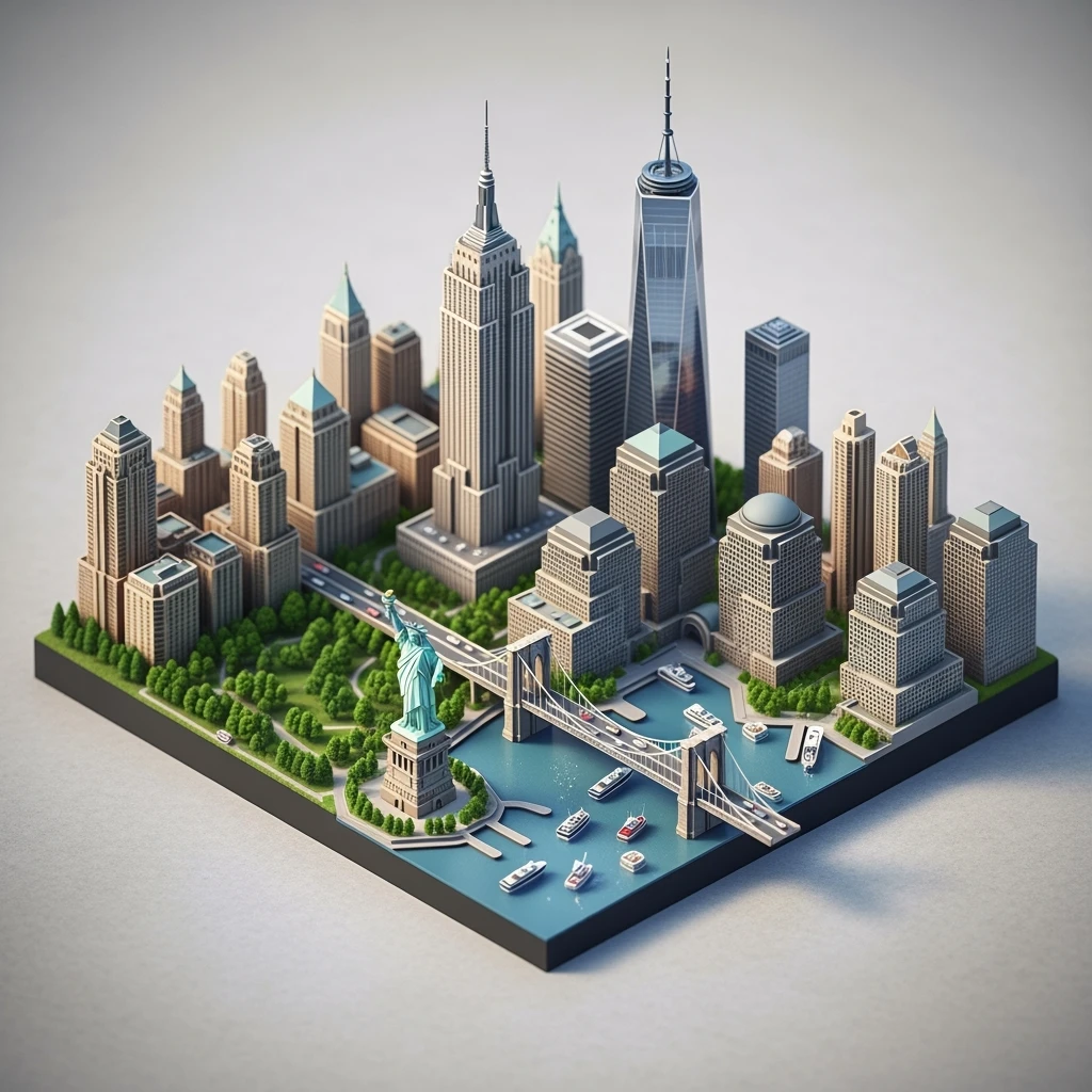 Isometric miniature of New York Сity Empire State Building, One World Trade Center, Statue of Liberty, Brooklyn Bridge, and Central Park 3D miniature effect and Tilt Shift effect, no cartoonish look, transparent background. emoji
