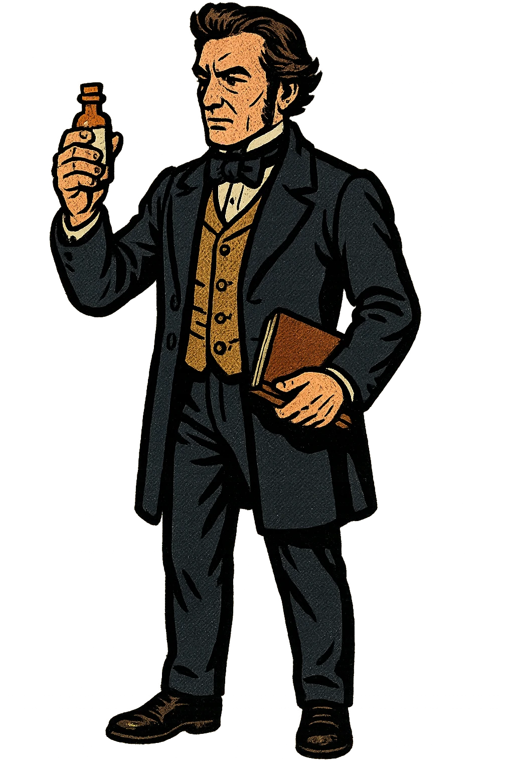 The full body of a male English surgeon from the 1800s holding a small bottle of medicine and a note book emoji