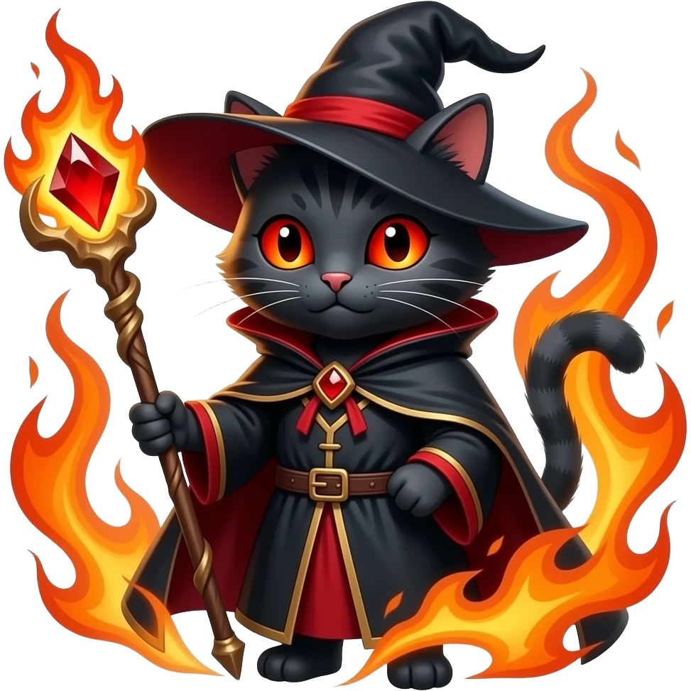 cat fire wizard, fire elements red eyes, staff with firey red gem, black and red outfit emoji