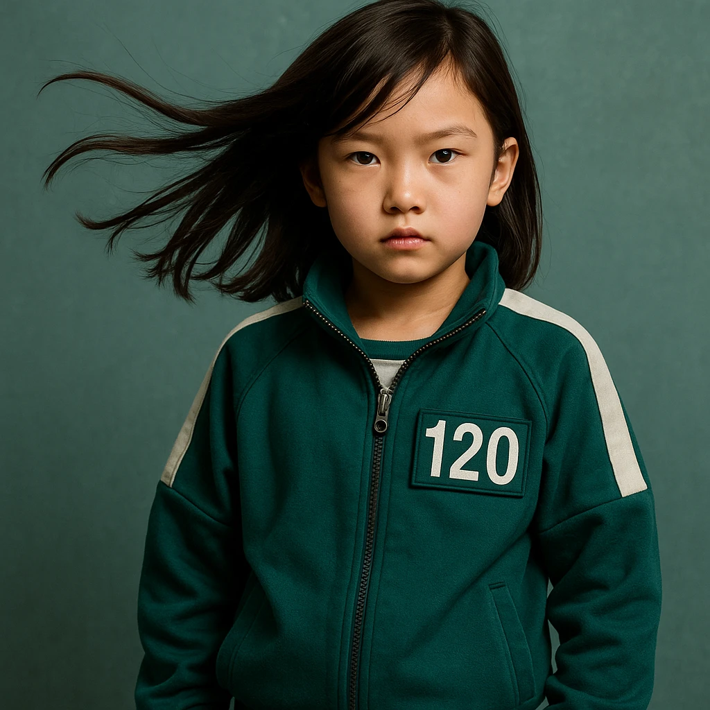 A girl with sideways hair, wearing a Squid Game-style coat with the number 120 on the right side of the coat emoji