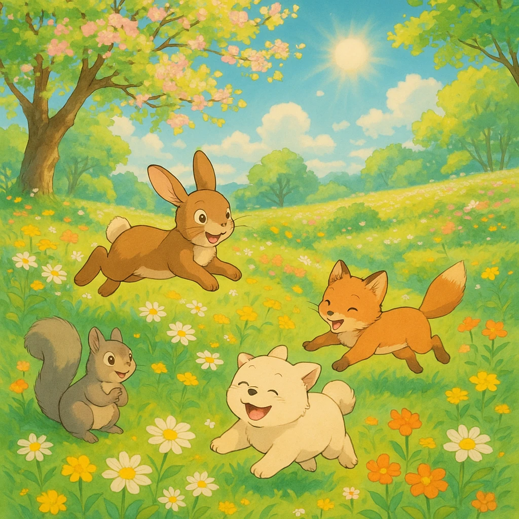 spring in ghibli style, sunny meadow, playful animals, bright sunlight, cheerful mood emoji