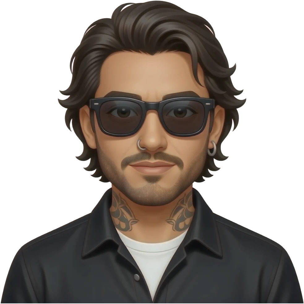 A handsome Latino man with medium length hair and beard and tattoos with a right nose hoop and a left earring hoop wearing all black with a white undershirt and black sunglasses emoji