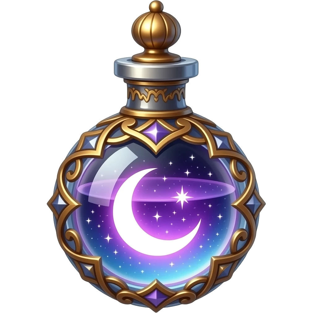 ornate glass vial with metallic filigree, swirling cosmic nebula inside, glowing purple‑pink‑blue light, crescent moon and tiny stars suspended in liquid, ethereal magical atmosphere emoji