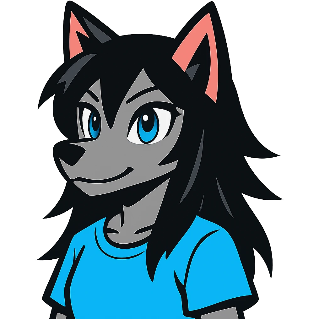 anime style wolf furry character with blue eyes, long black hair, wearing a light blue shirt emoji