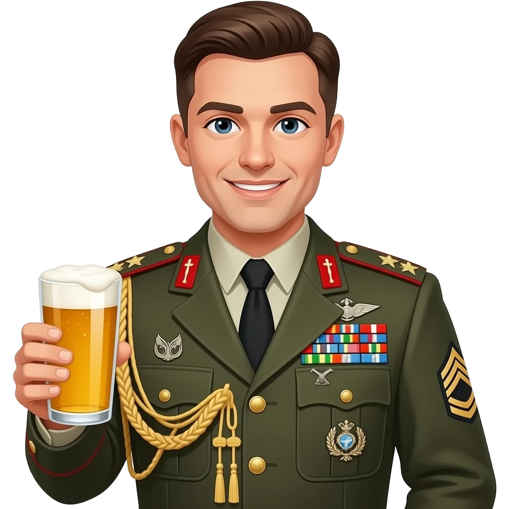 una cerveza con una chaqueta militar con hartas condecoraciones emoji