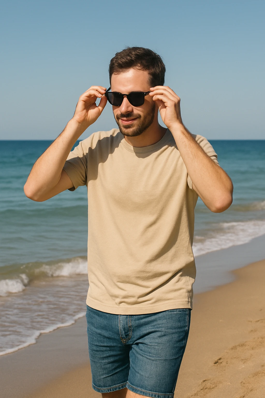 uomo passeggia a mare e si mette gli occhiali da sole emoji