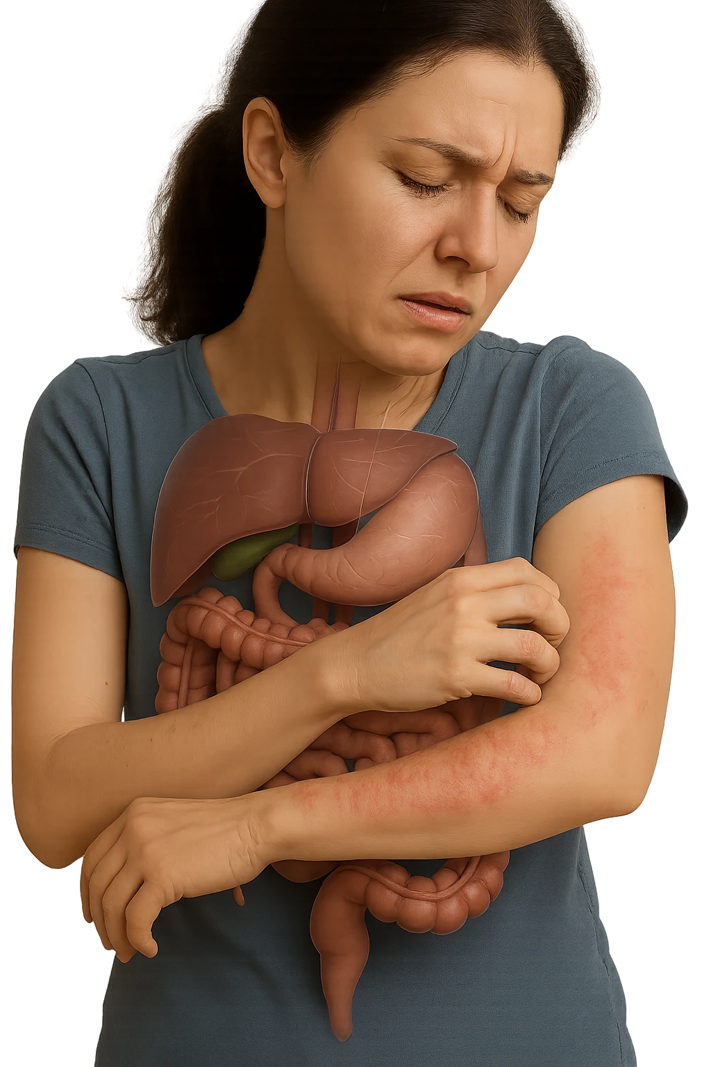 donna con intestino umano anatomico realistico che si gratta il braccio su cui ha un'eritema, iperrealistica 4k emoji