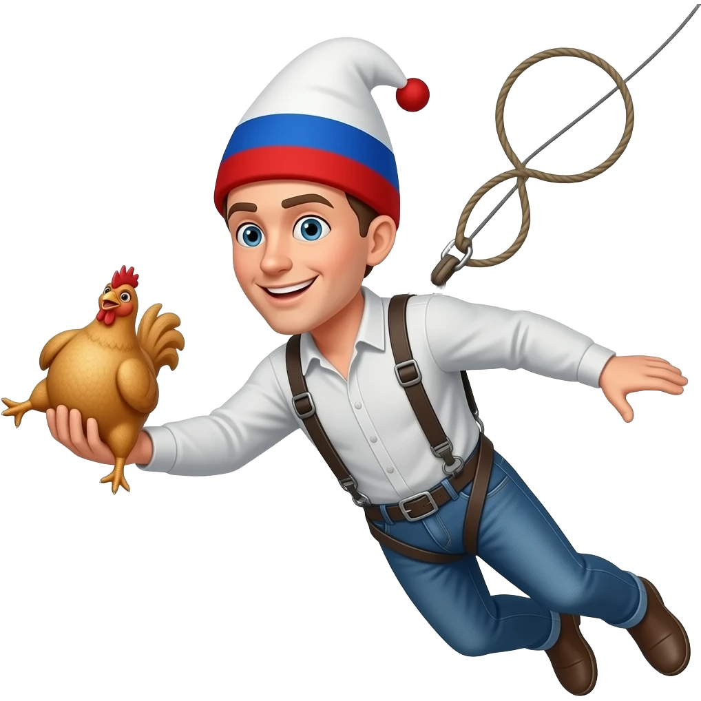 Man Bungee jumping while holding a whole chicken wearing a russian hat emoji