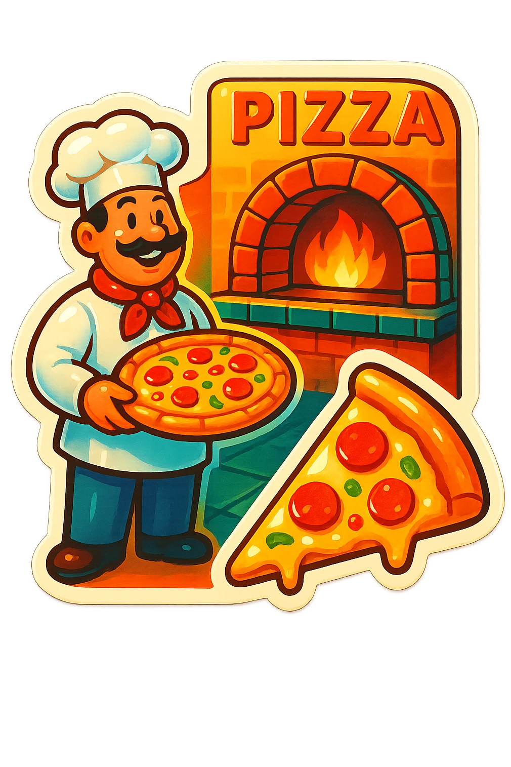 A pizza restaurant scene in retro stickers style, with a vintage setting and bright colors emoji