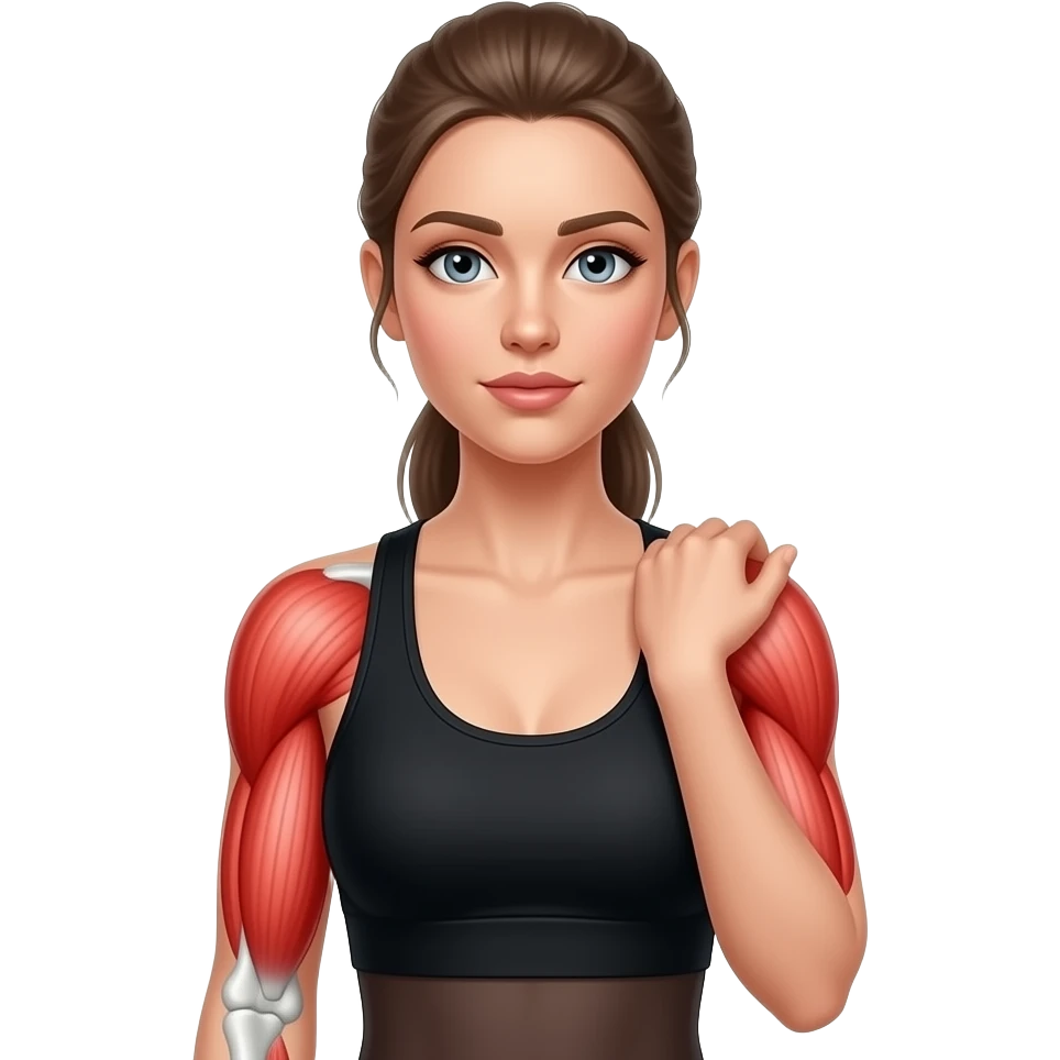 shoulder pain, anatomical highlight of both shoulder joints and deltoid muscles, full red glow over both shoulders, woman holding one shoulder, fair-skinned woman, gray-blue eyes, ash brown brows, ash light brown hair tied back, slim athletic body, black workout set emoji