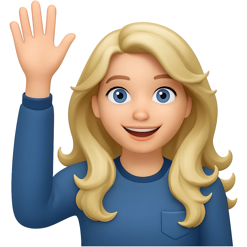 Make her eyes blue, keep her as an 18 year old girl with long, wavy, dirty blonde hair waving, emoji style, friendly pose, with no background emoji