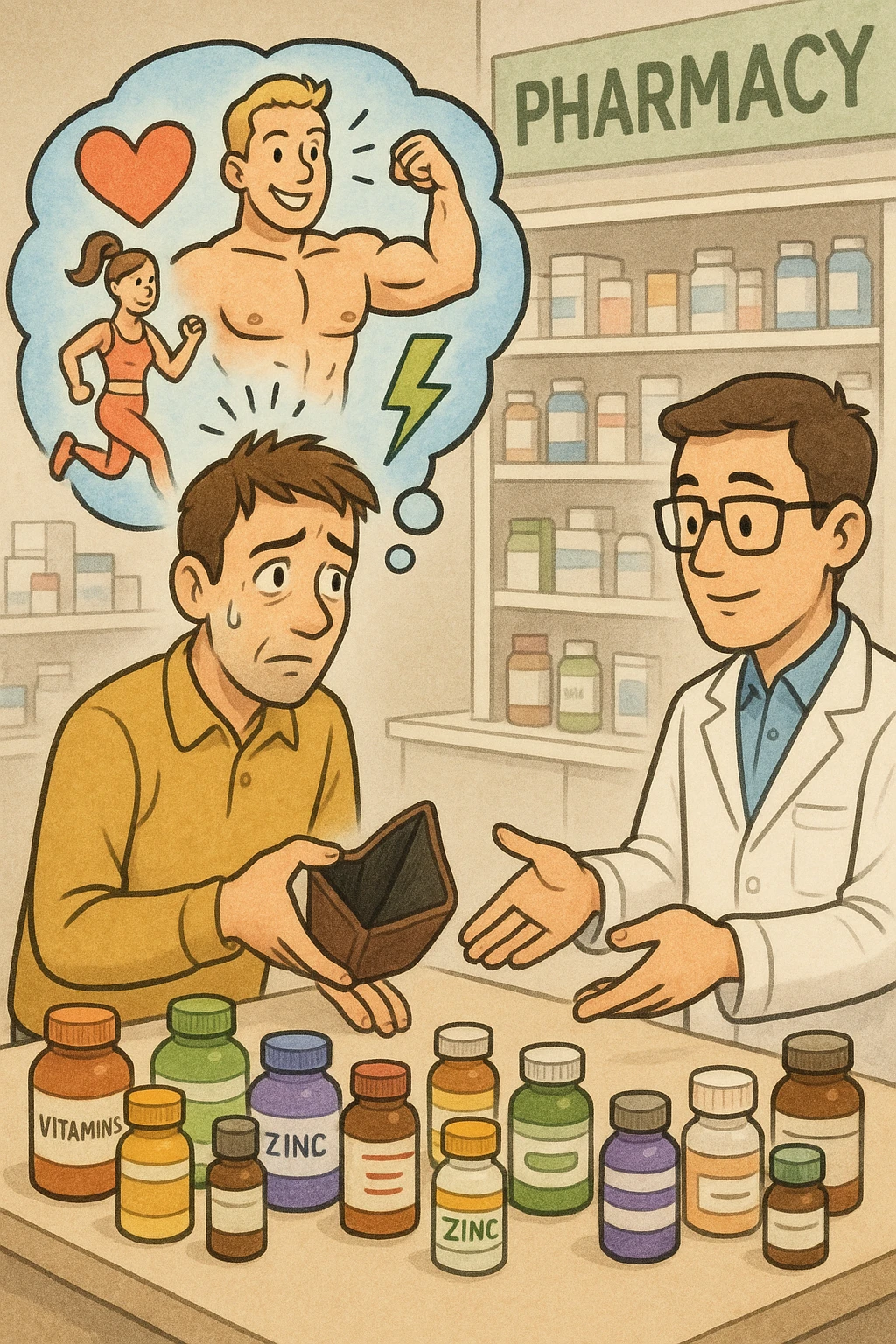 a man stands at a pharmacy counter, handing over a nearly empty wallet to the cashier while the counter is filled with bottles of supplements and vitamins. His expression is hopeful but slightly anxious. In the background, a thought bubble shows exaggerated images of instant health and fitness, symbolizing unrealistic expectations.  emoji