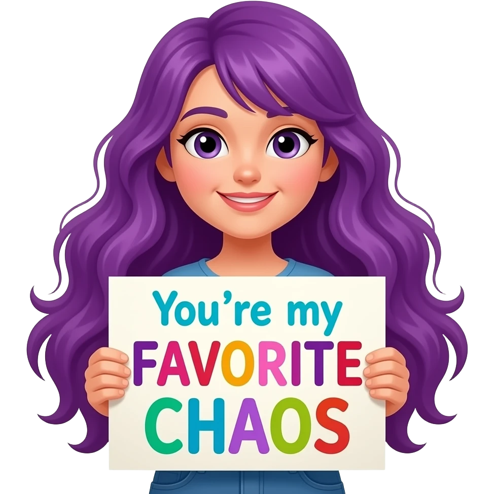 girl with long purple hair holding a You're my FAVORITE CHAOS sign emoji