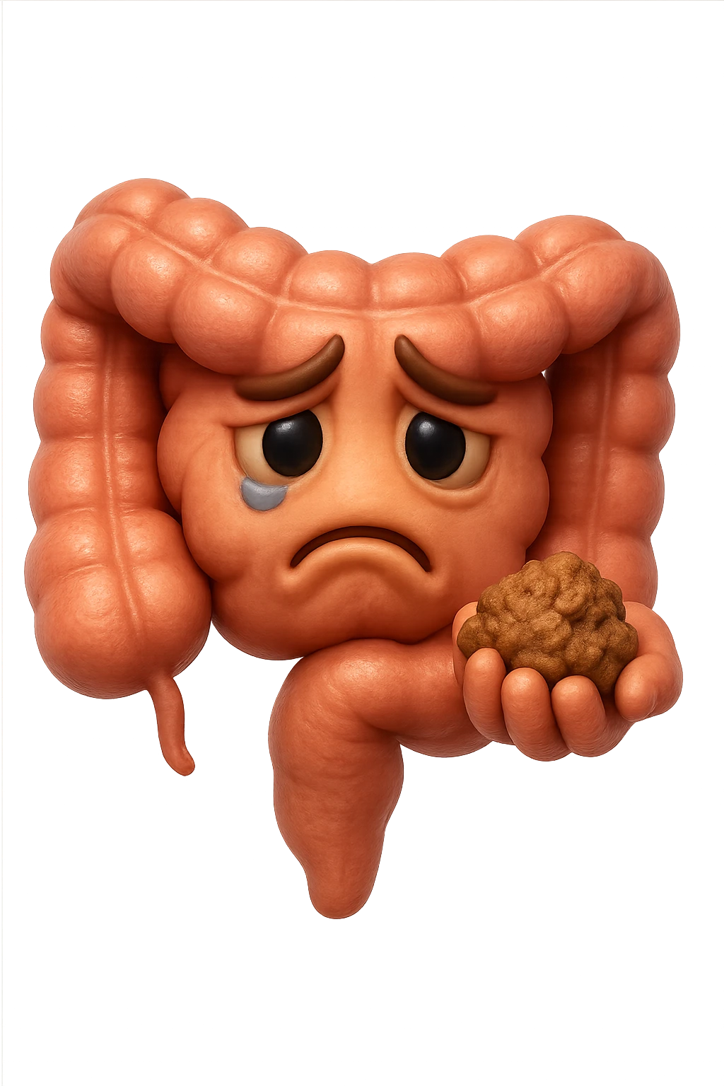 EMOJI STILE IPHONE 3D DI un intestino con espressione triste mentre tiene in mano delle fibre fermentate a poltiglia, FALLO MOLTO REALISTICO IN 3D emoji