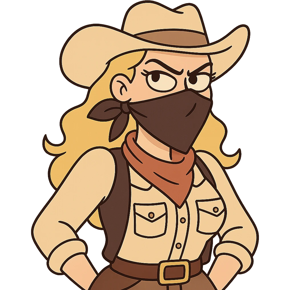 blonde woman wearing bandit outfit, bold expression, cartoon style emoji