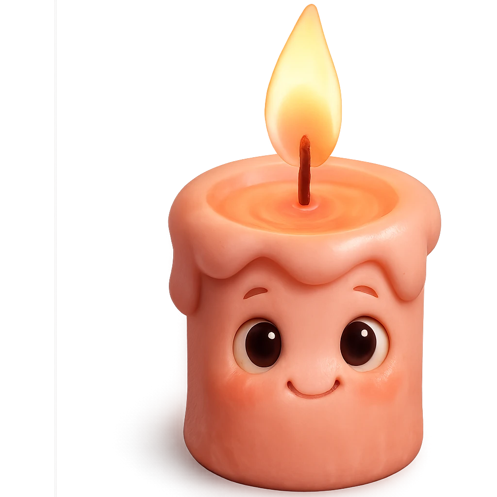 Draw a pink, Pixar-style candle with a flame. The candle should be visible from the front and top. emoji
