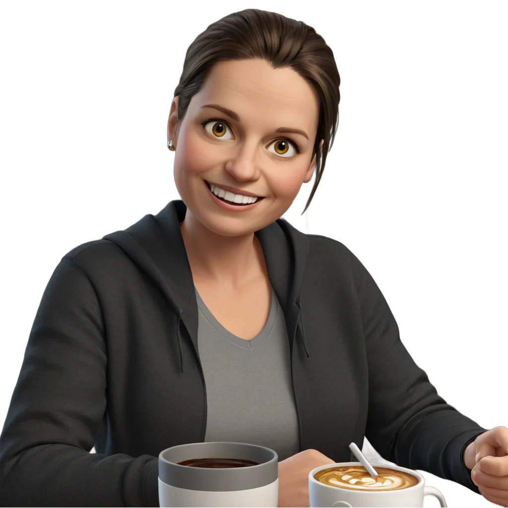 smiling girl indoors with cup emoji