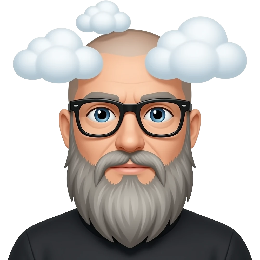 skinhead man with long greyish beard black glasses clouds above his head emoji
