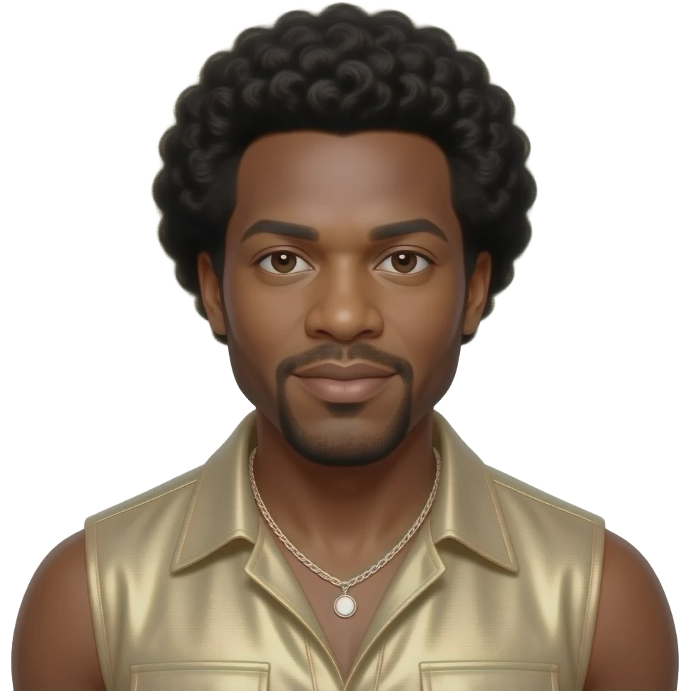 Maurice White from Earth,Wind and Fire with dark brown eyes, black afro, beige metallic sleeveless shirt, white necklace emoji