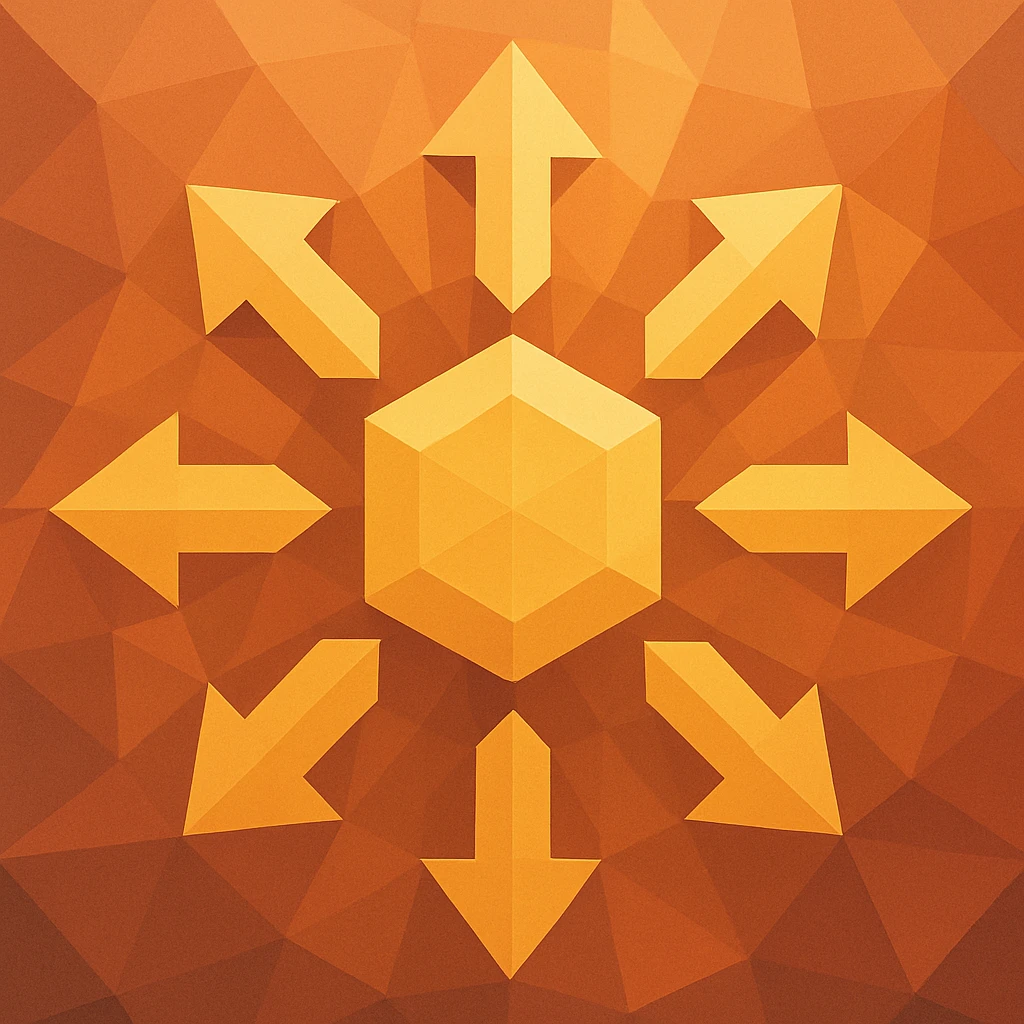 symbole représentant la centralisation, style abstrait, formes géométriques centrées, hexagone central avec motifs rayonnants, style polygonal emoji