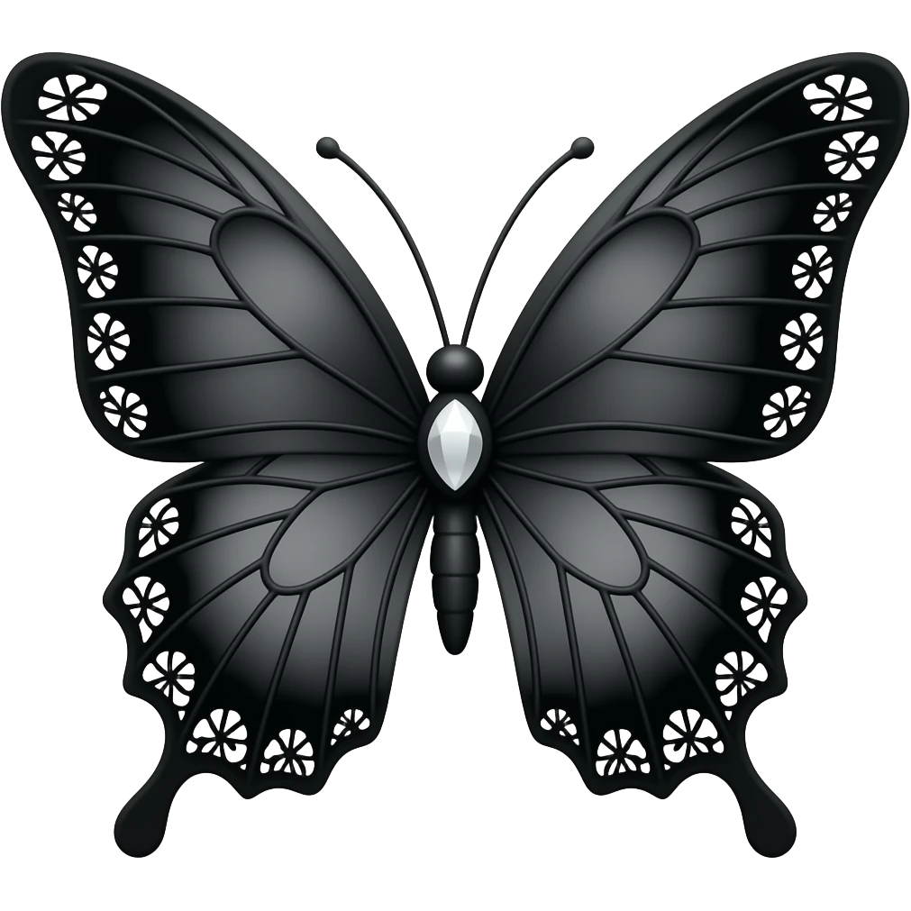 butterfly, 3D emoji gothic butterfly, black velvet, matte black filigree, black lace trim, white gem, elegant emoji