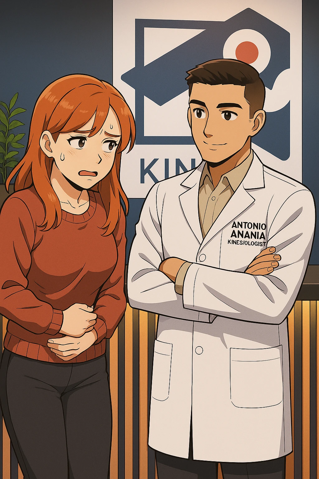 su questo stile fai un manga/webtoon a colori in cui una donna incuriosita fa una DOMANDA ALL'UOMO, l'uomo della foto in stile manga LE risponde, mantieni un ambiente simile alla foto che ho allegato con il suo logo (sarebbe il suo studio, lui è un kinesiologo), scrivigli "ANTONIO ANANIA" sul camice bianco, non mettere fumetti, ma fai in modo che sembri che la donna CHIEDA curiosa E L'UOMO le risponda emoji
