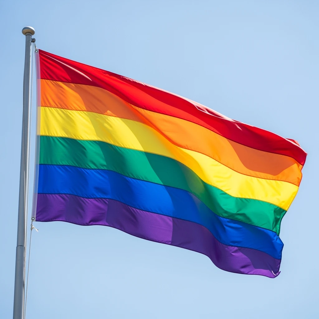 gay pride rainbow flag, waving, vibrant colors, simple style emoji