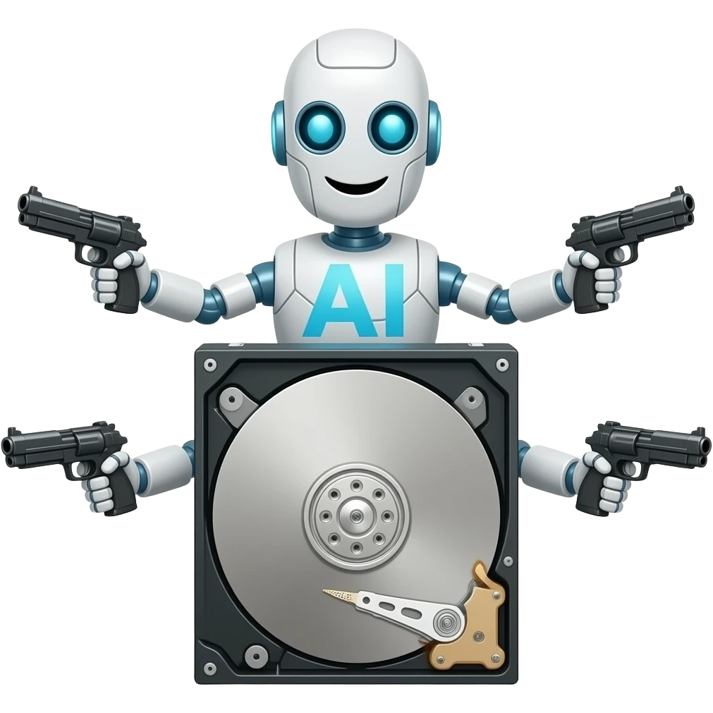 a robot with guns bursting out of a computer hard drive with AI written on it emoji
