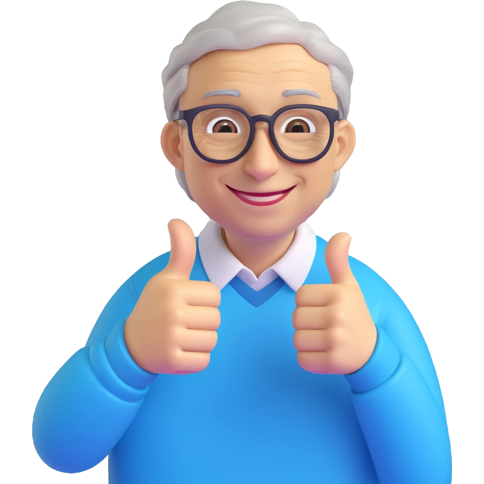 Bill Gates giving a thumbs up, cheerful, 3D emoji style emoji