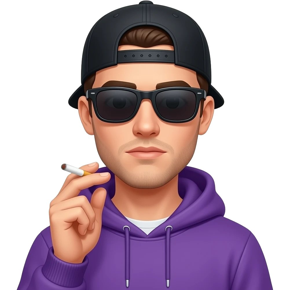 tall skinny guy with black basecap, purple hoodie, sunglasses smoking joint emoji
