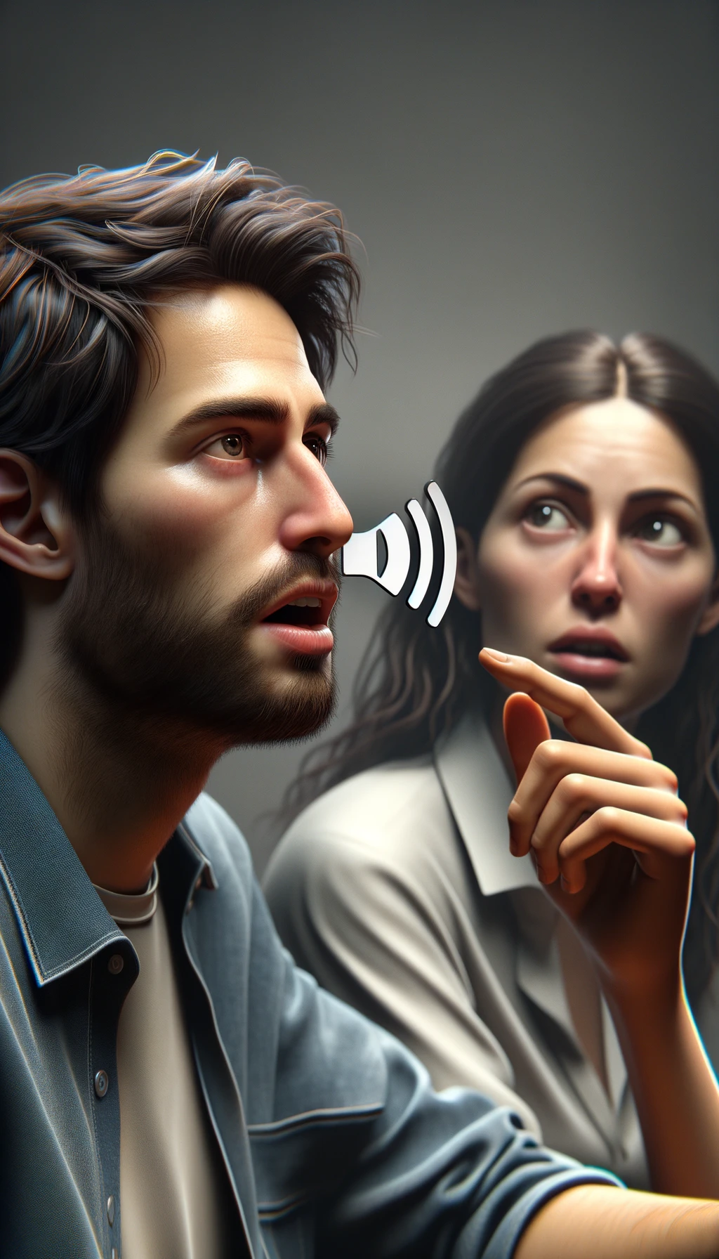 una persona parla ma sopra di lui c'è il simbolo "muto, un altra persona lo ascolta, immagine iperrealistica 4k emoji