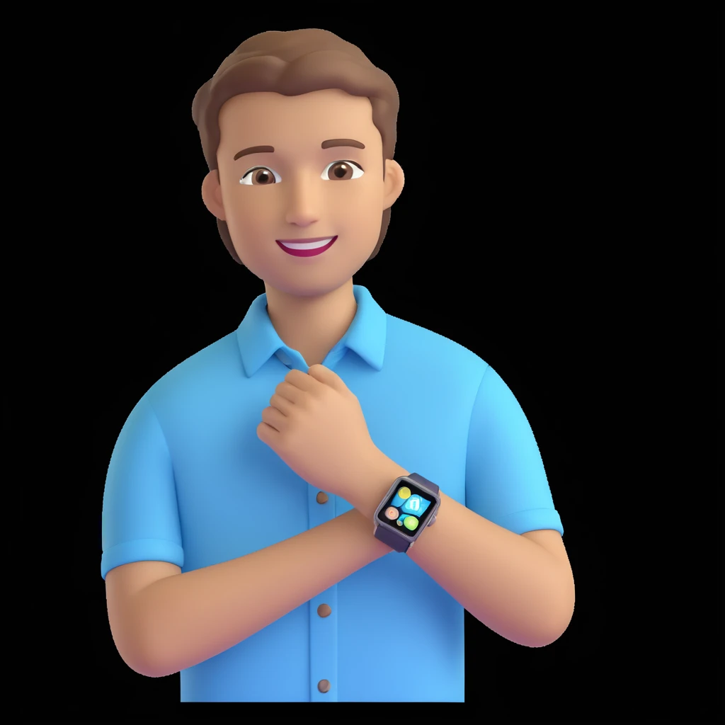 apple-style 3D emoji avatar of a fair, handsome young man with light brown hair, brown eyes, bright smile, wearing pastel blue button-up shirt, smartwatch, creative tech-savvy vibe, dark background emoji