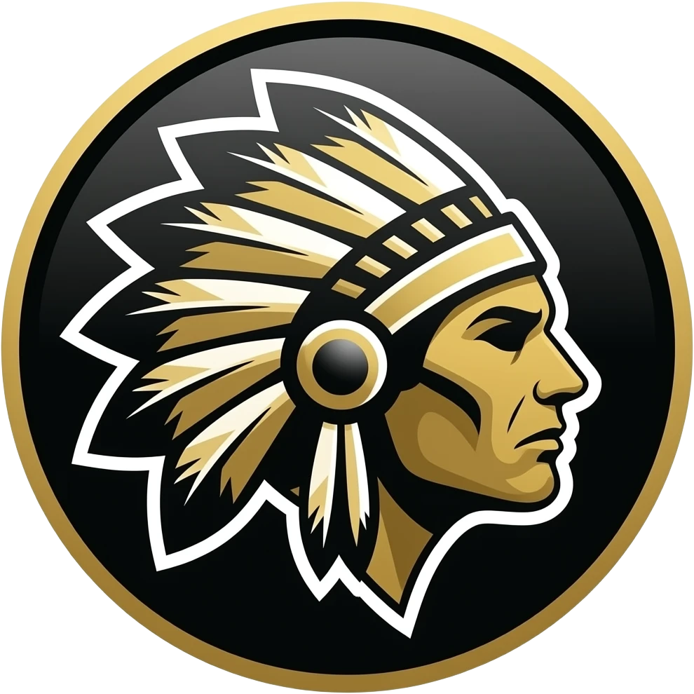 A circular sports crest with a black and gold color scheme. In the center, a side-profile silhouette of a Native American chief wearing a traditional feathered war bonnet. The style is clean, modern, and looks like a high-quality vector emoji. emoji