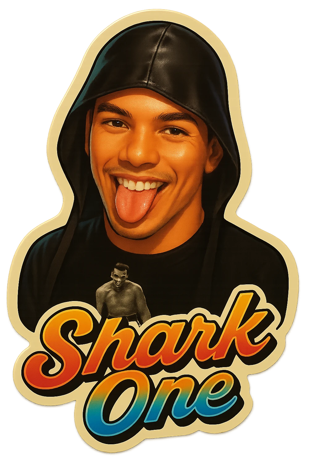 Make him Smiling with tongue sticking out
Add the words Shark One emoji