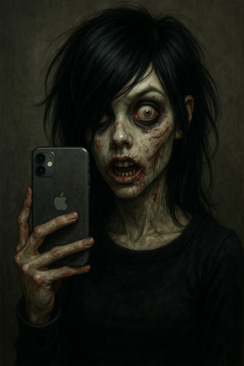 girl zombie with black hair, emo style, holding an iPhone, expressive face, dark clothing, pale skin, subtle scars emoji