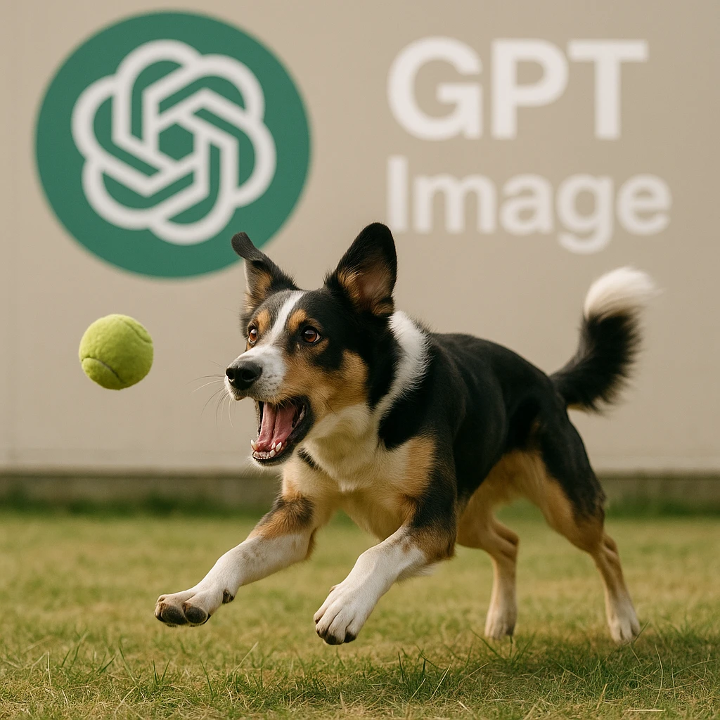  logo of chat gpt with text "GPT Image" on the background of a dog chasing ball, realistic image emoji