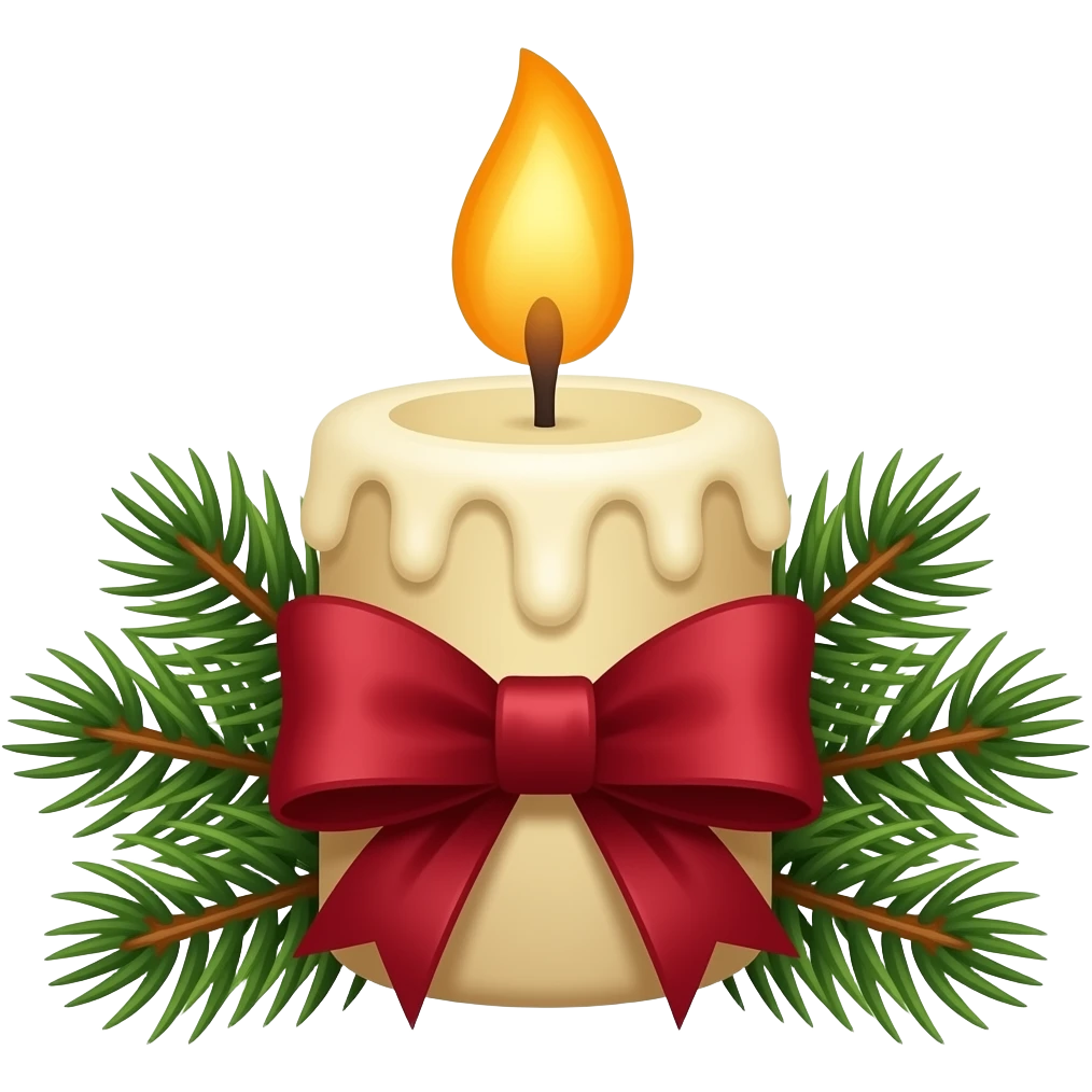 Burning candle with fir twigs and a wine red bow around the candle emoji