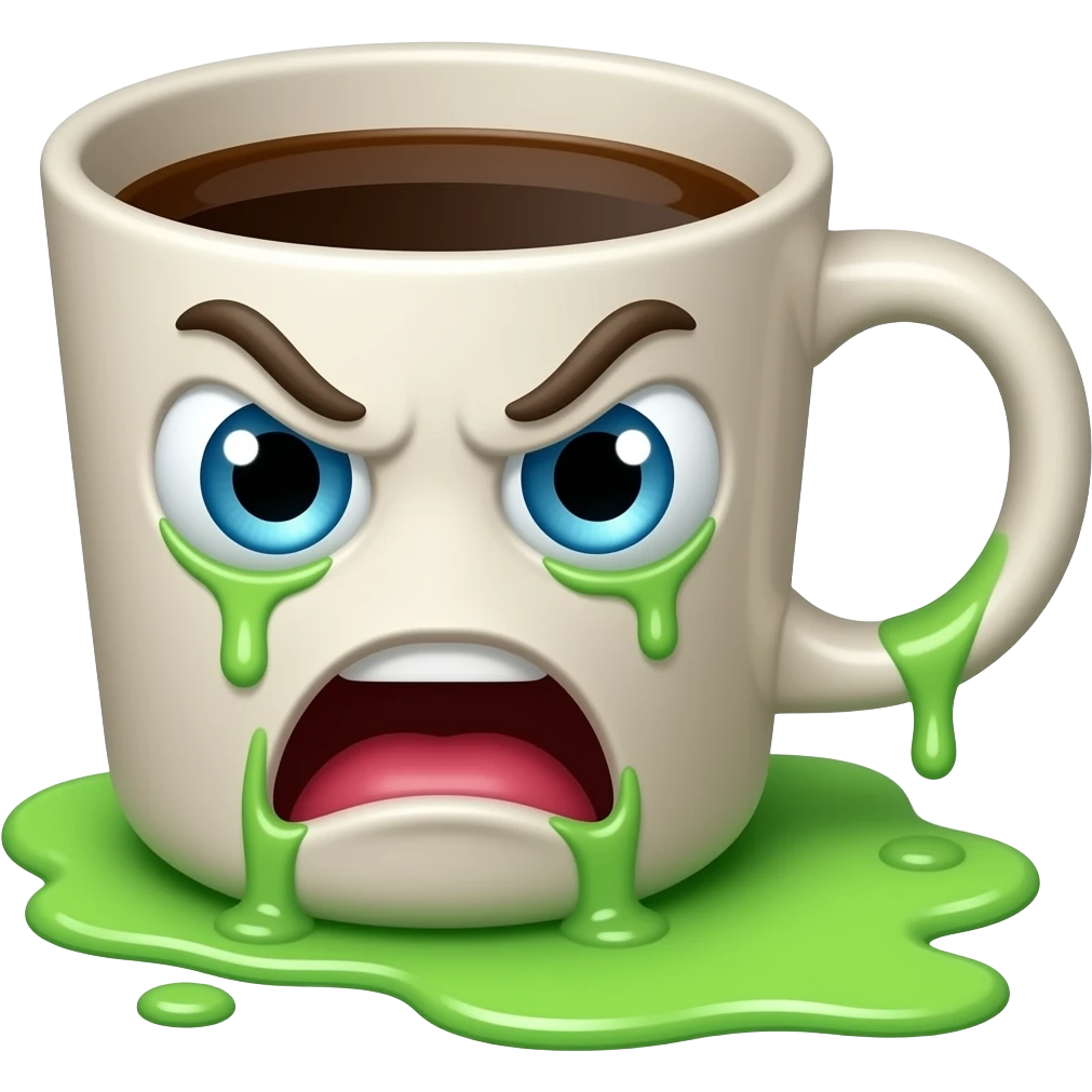 coffee cup animated whith eyes on cross and mouth with revulsion sticking his  poisoned emoji