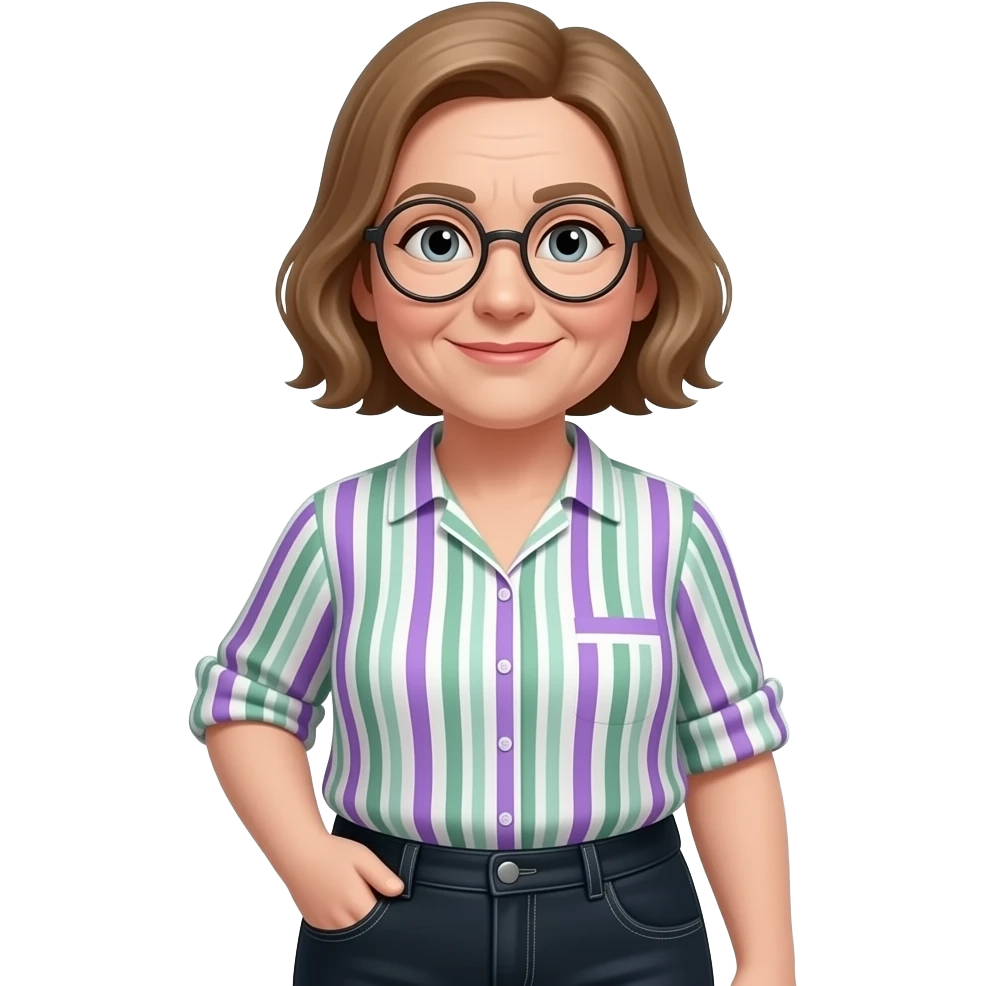make miss Pevenage with light brown hair she is also a littel fat and she has a pair of rond glasses and she has a blouse with purple, green and white lines and black jeans and make the face thicker and make wrinkles emoji