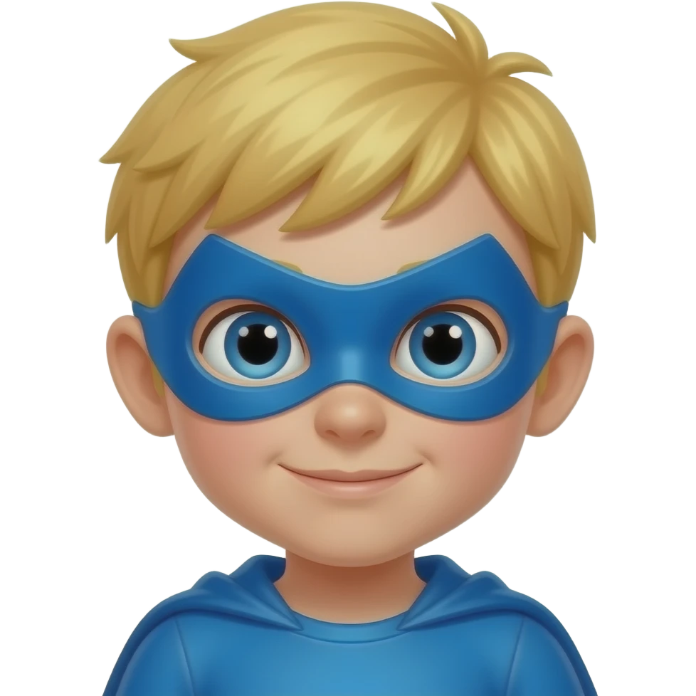 quiero que me hagas a un superheroe con el pelo rubio mascara azul i con un traje azul que sea un niño emoji