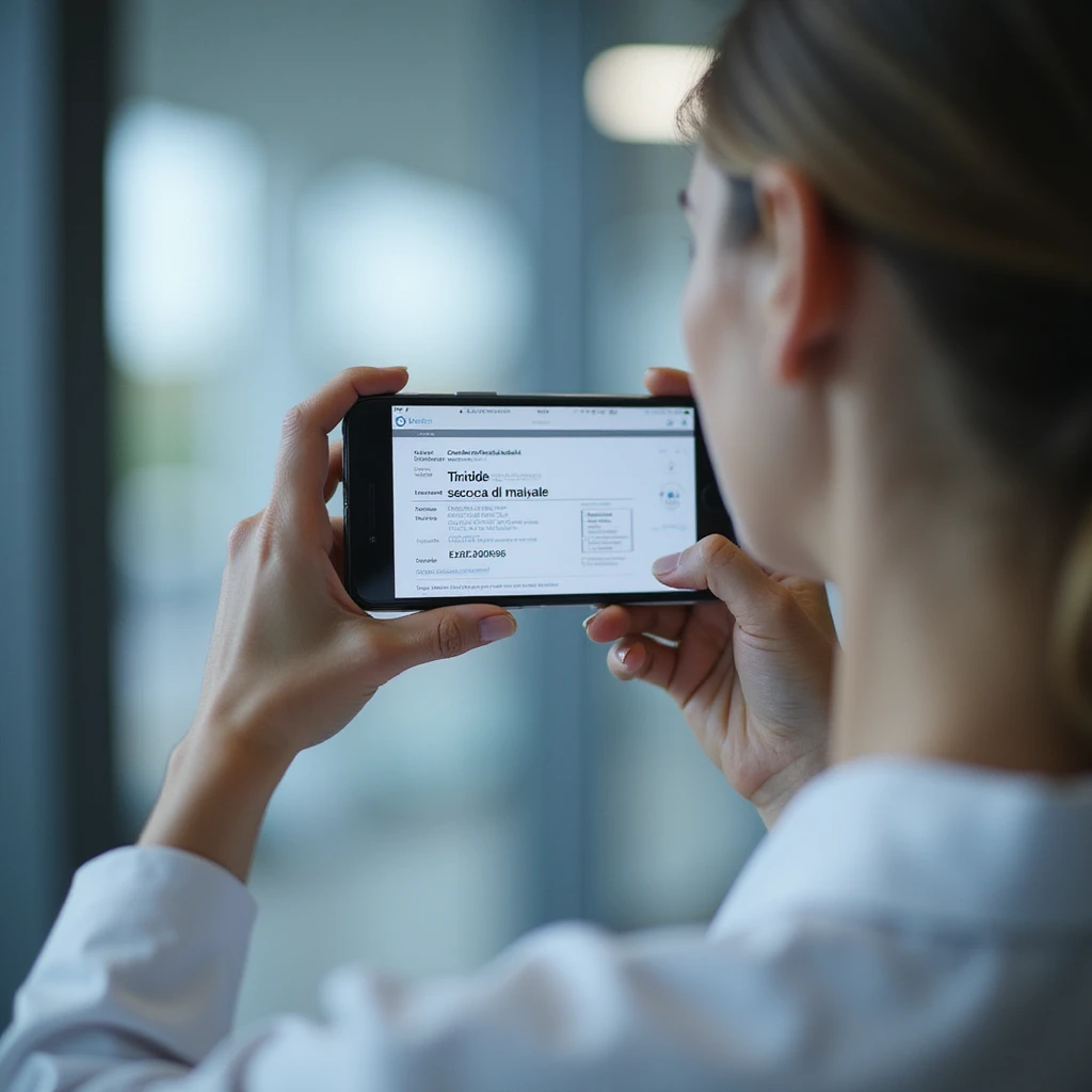 hyperrealistic 4K image of a woman photographing a medical prescription with a smartphone, the text 'Tiroide secca di maiale' clearly visible on the screen, modern clinical environment emoji