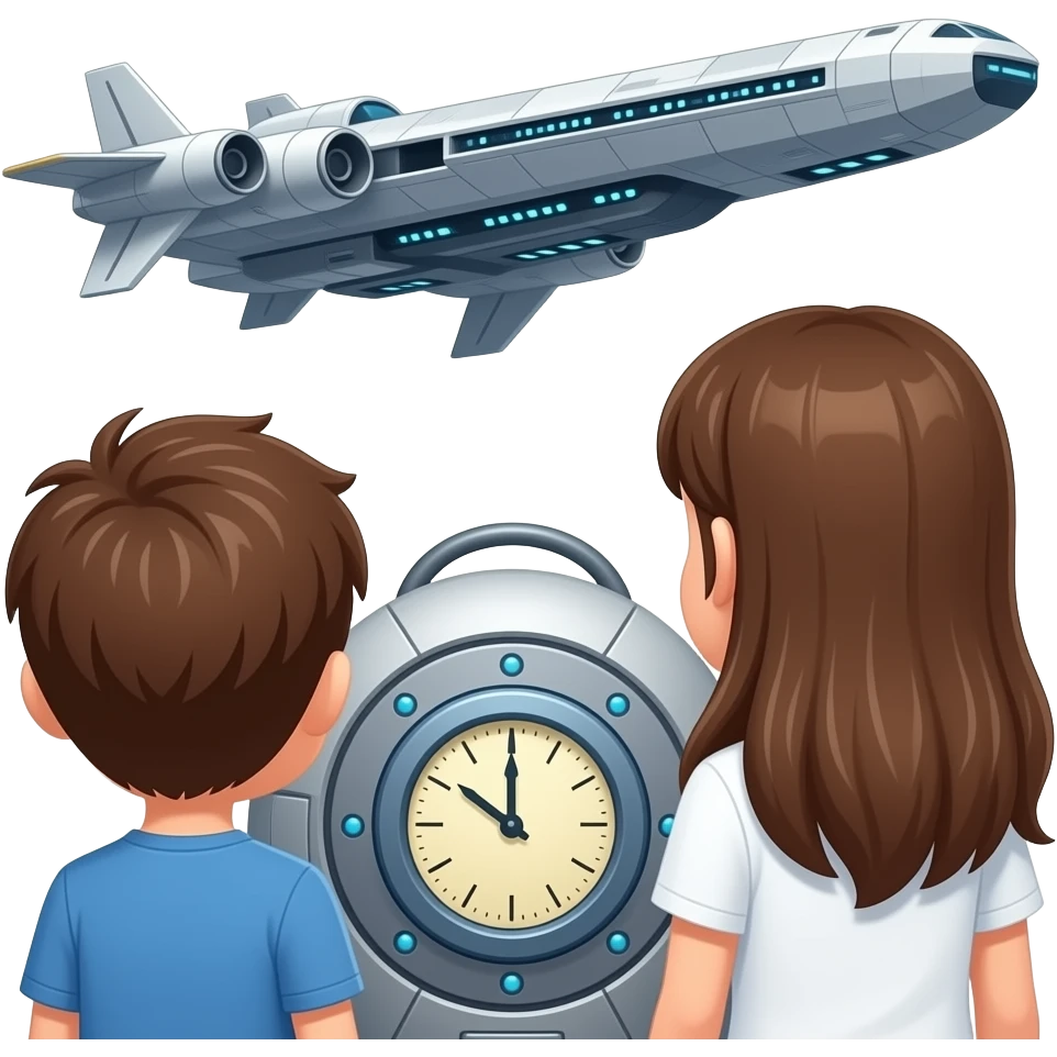 una maquina espacialcon un reloj en el medio rodeada por dos hermanos un chico con el pelo corto i una chica los dos castanyo i ojos verdes (la chica mas grande que el i con ropa blanca el pelo muy largo ) i el chico con ropa azul ) los dos estan mirando la nabe espacial muy grande i solo dos niños emoji