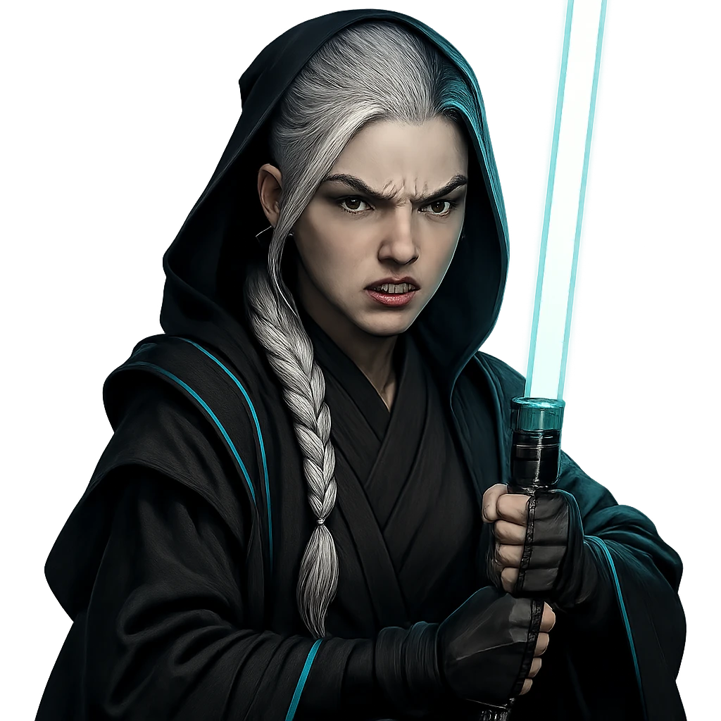  a closeup portrait of young woman with gold yellow eyes, white hair, long braid, black off-shoulder top, punk gothic style, futuristic cyberwave cyberpunk,  jedi attire and posture robes of a padawan, foreweilding a bright blue-green lightsaber, angry fierce face expression, power stance, 30-90 emoji
