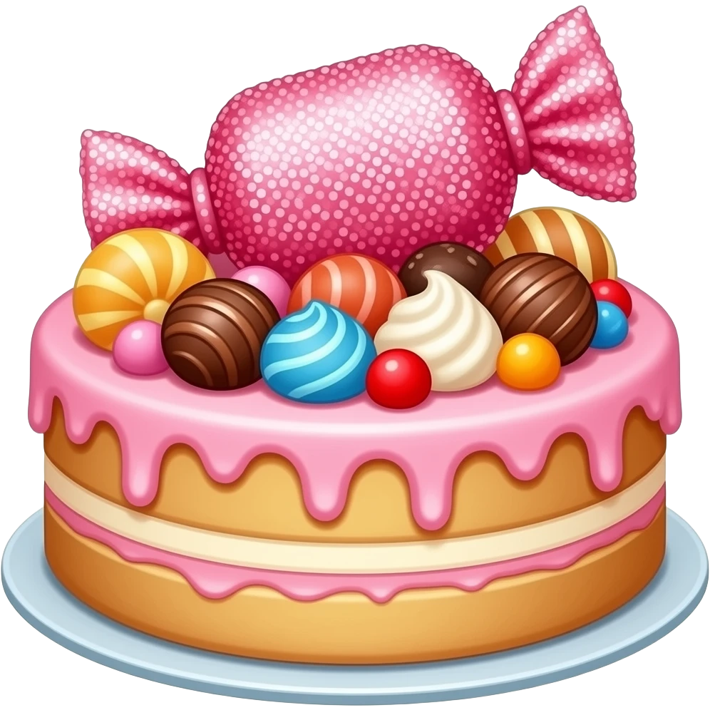 Glittery pink candy  untapped on cake with all kinds of sweets emoji